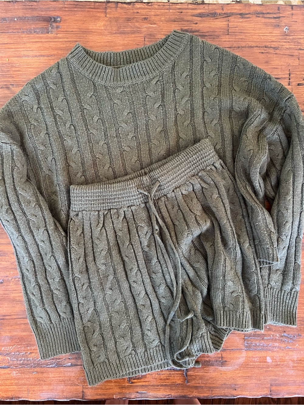 Olive Cable Knit Crewneck Sweater & Shorts Set